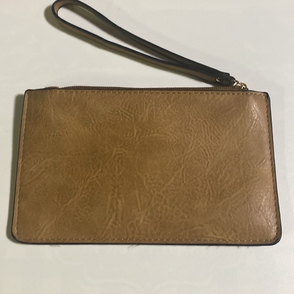 Montana West Leather Wristlet Carmel Tan with Gold Tone Hardware and black trim - Picture 3 of 7